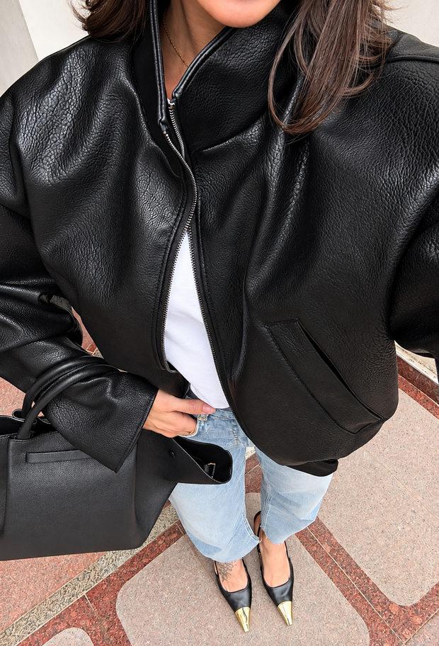 Cazadora mujer bomber efecto piel cuello alto cremallera - Sienna