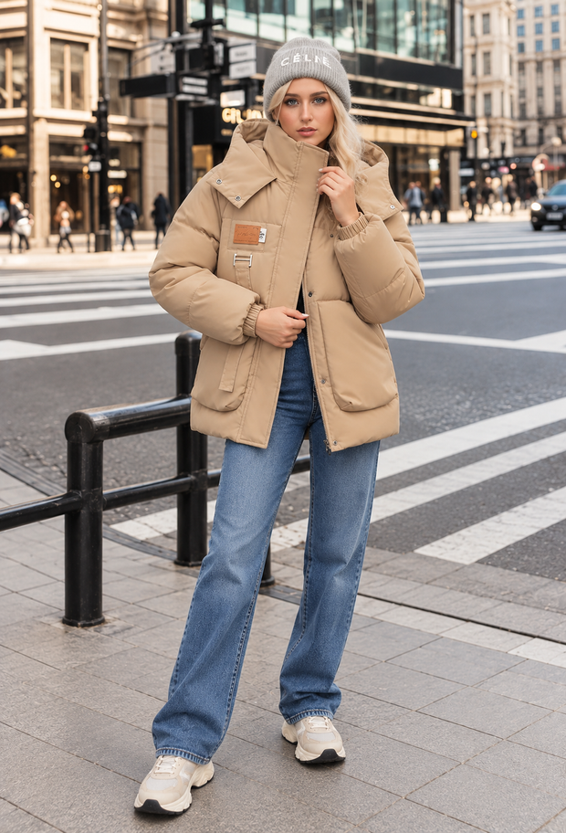 Chaqueta acolchada mujer capucha cuello alto bolsillos solapa - Iria