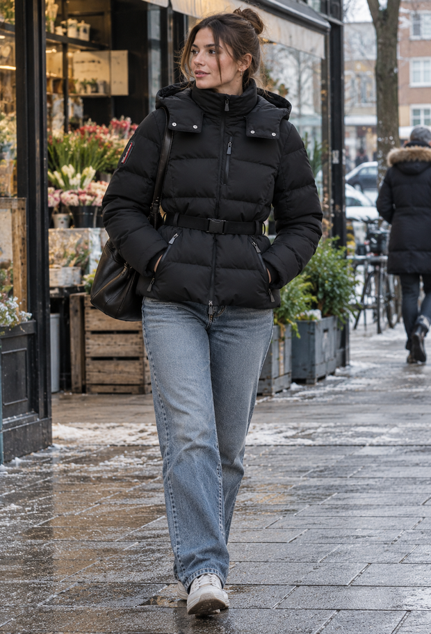 Chaqueta acolchada mujer cinturón ajustable capucha cuello alto - Mirel