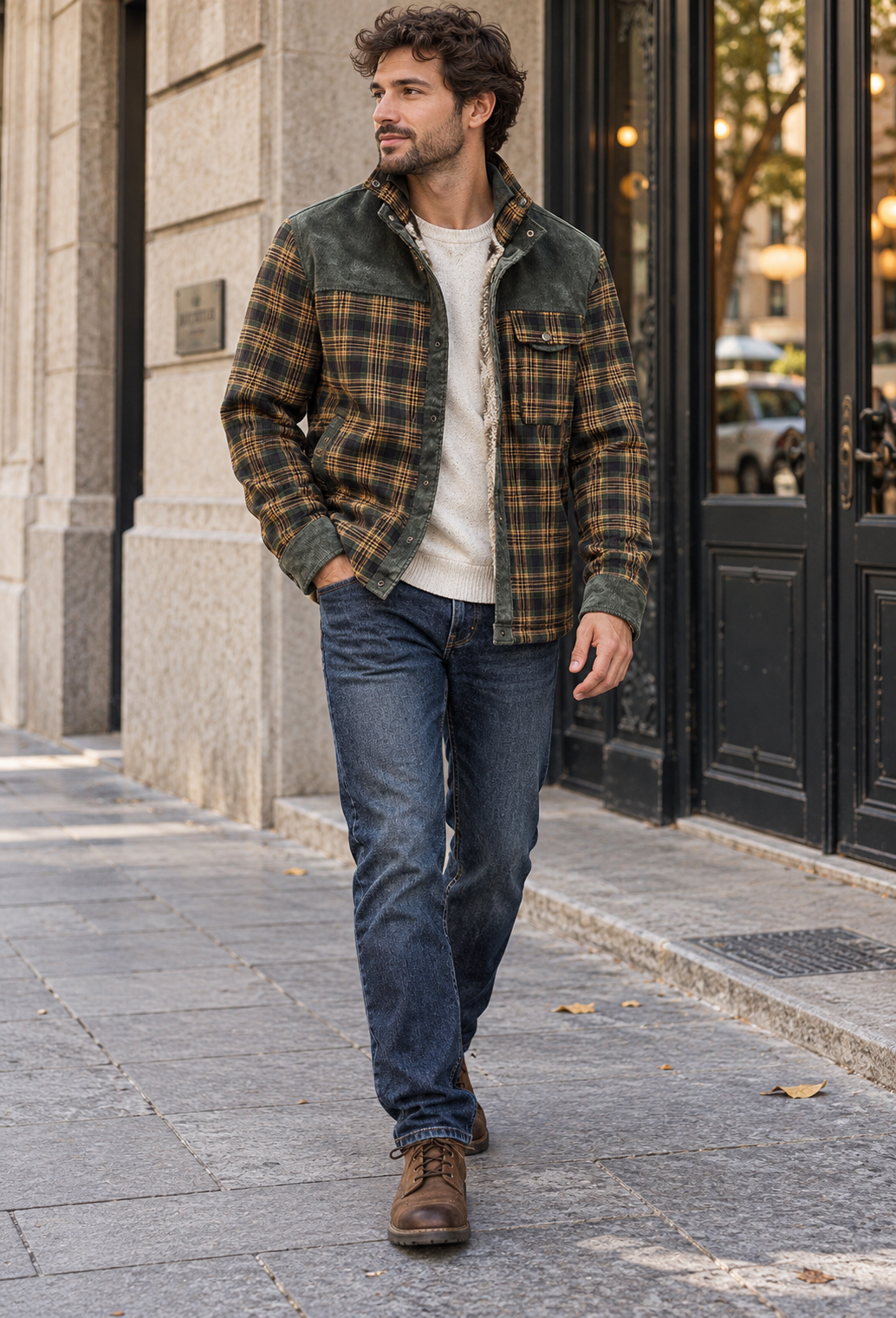 Chaqueta camisera hombre cuadros forro borreguito cuello alto - Valther