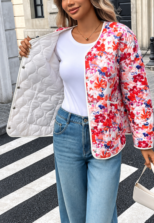 Chaqueta floral mujer acolchada bolsillos frontales ribetes - Renate