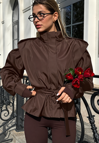 Chaqueta mujer corta peplum cinturón hombreras - Valen