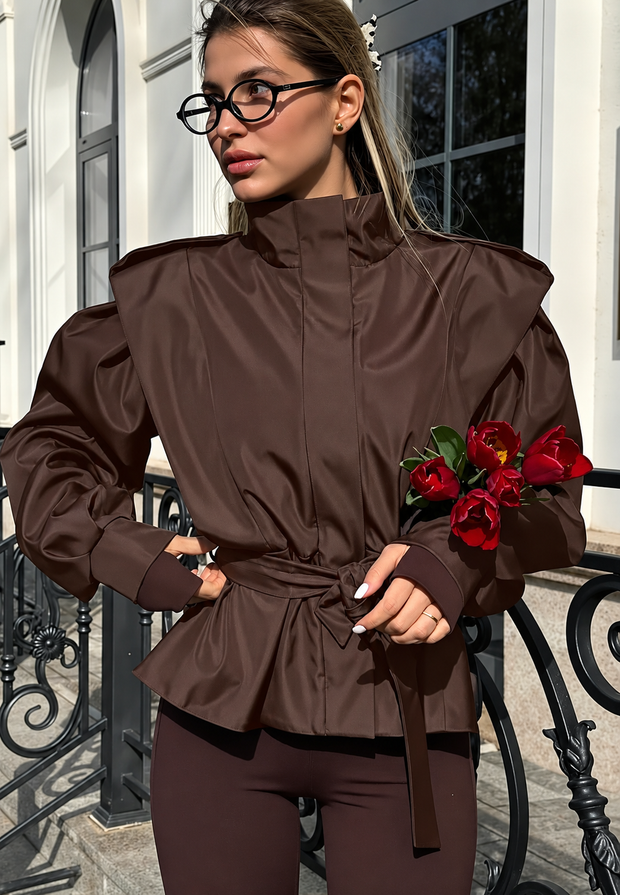 Chaqueta mujer corta peplum cinturón hombreras - Valen