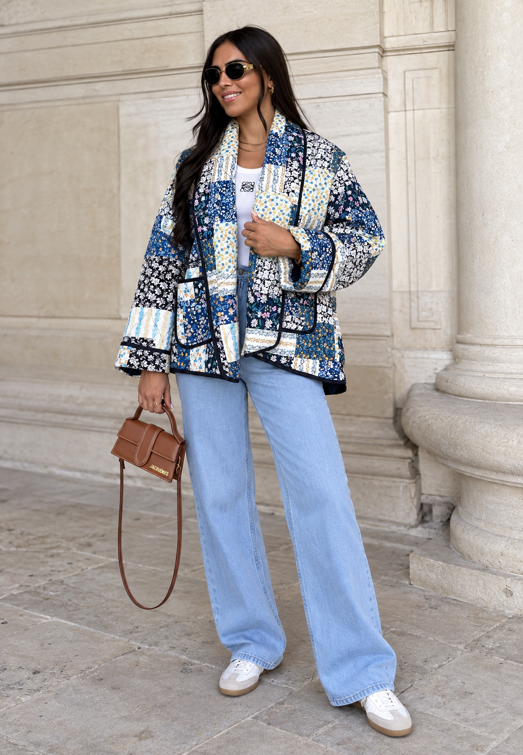 Chaqueta mujer cuadros florales acolchados solapa ancha - Irmela
