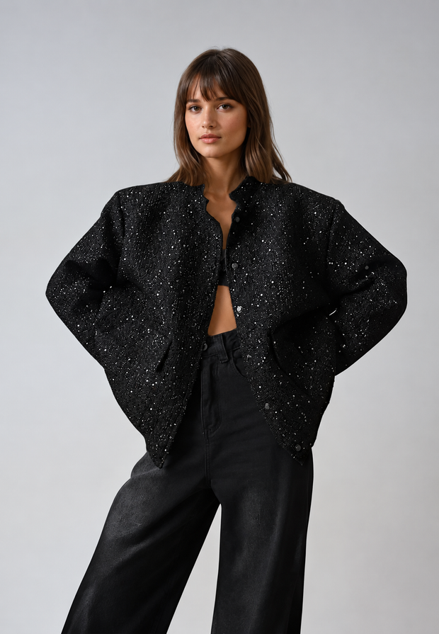Chaqueta mujer efecto tweed lentejuelas cuello redondo - Mirelle