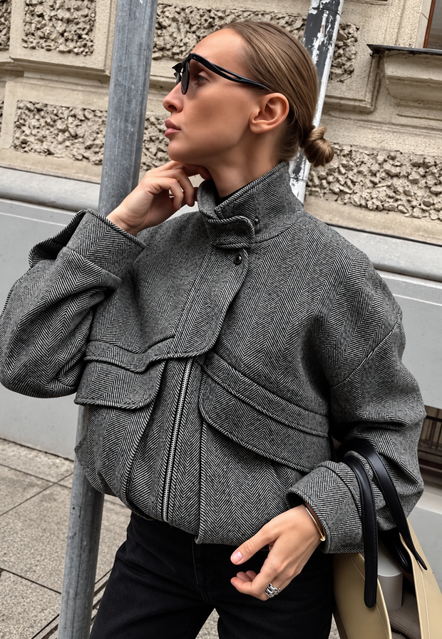 Chaqueta mujer espiga cuello alto cremallera - Saura