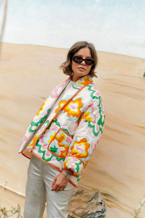 Chaqueta mujer flores grandes acolchado de rombos estilo boho - Mirthe
