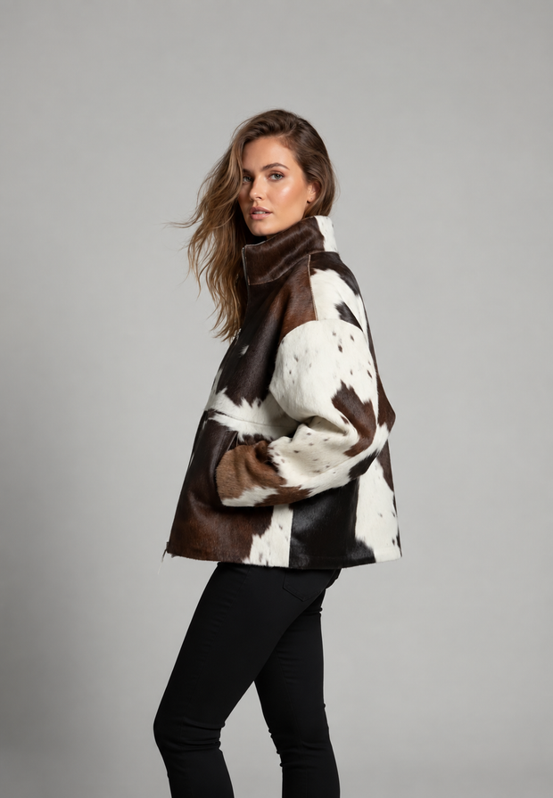 Chaqueta mujer pelo sintético estampado de vaca cuello alto - Gesine