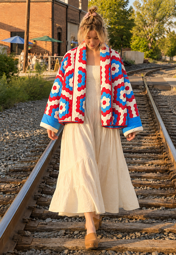 Chaqueta tipo kimono mujer estampado geométrico maxi acolchado - Odette