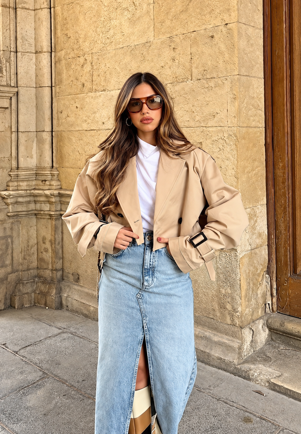 Chaqueta trench mujer crop doble botonadura cinturón - Cala