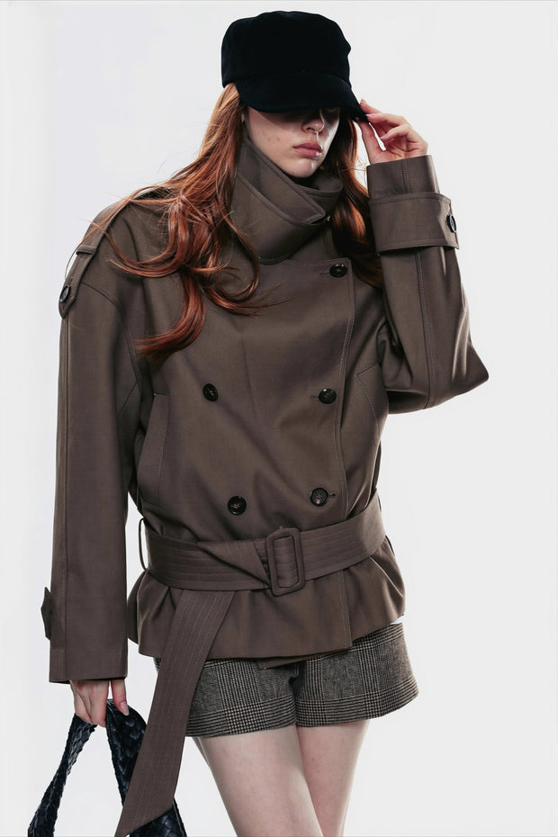 Chaqueta trench mujer doble botonadura cuello asimétrico cinturón - Iris