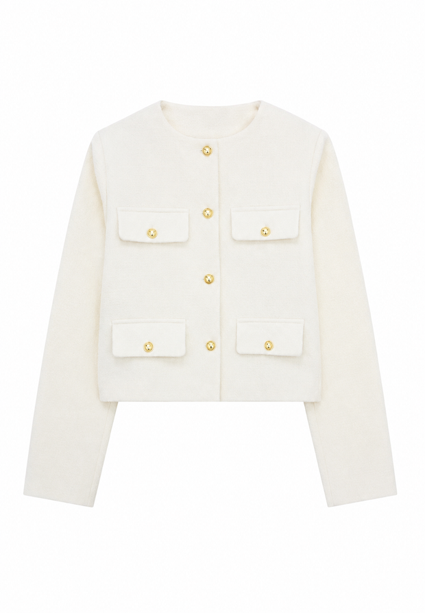 Chaqueta tweed mujer corta cuello redondo bolsillos - Susie