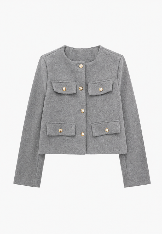 Chaqueta tweed mujer corta cuello redondo bolsillos - Susie