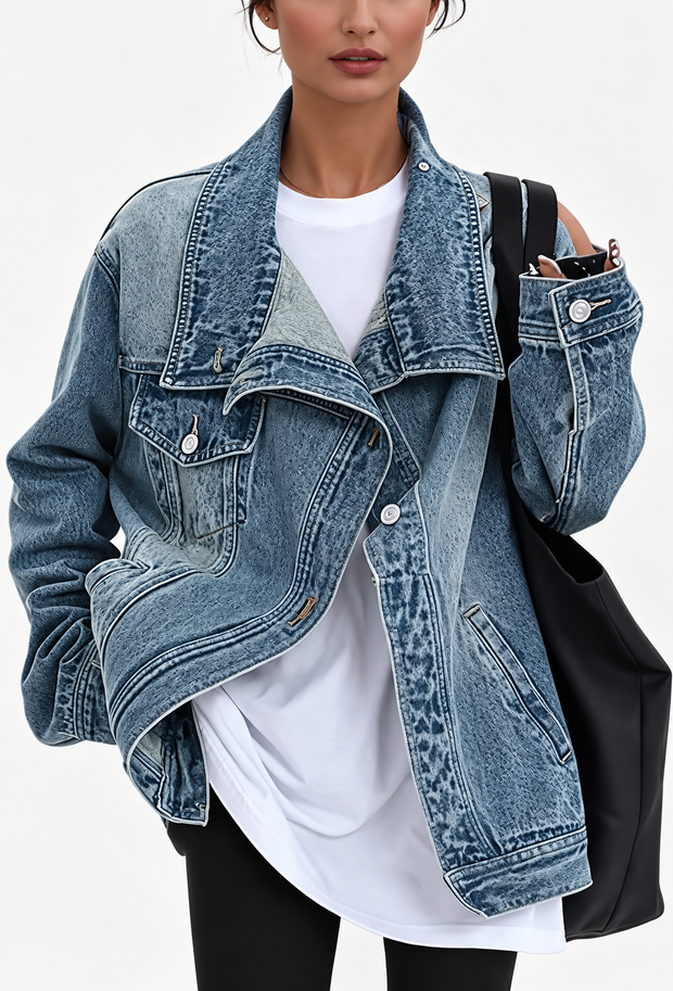 Chaqueta vaquera denim mujer cuello alto botones laterales - Maura