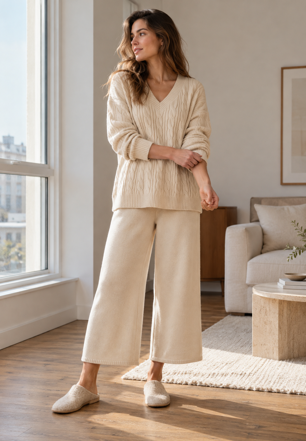 Conjunto mujer punto trenzado jersey escote pico pantalón ancho - Nélida