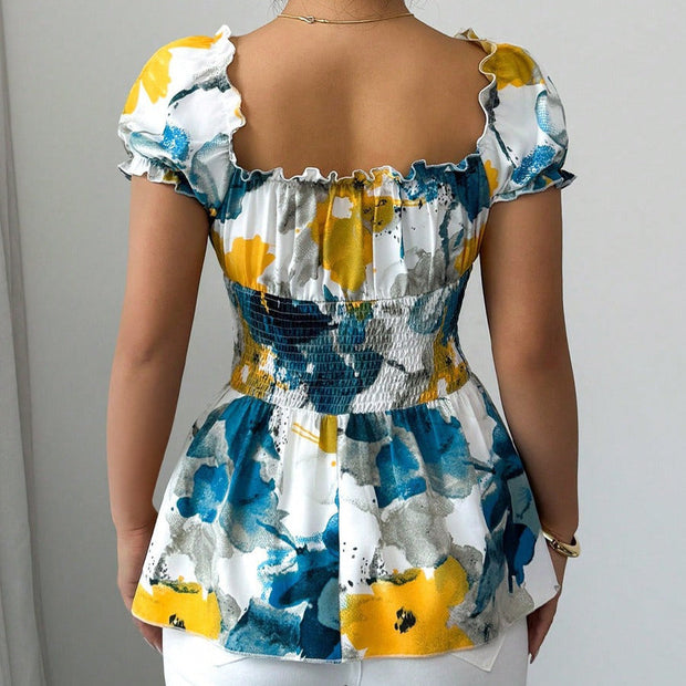 Blusa para mujer de escote pronunciado estampado floral corte peplum - Yelina