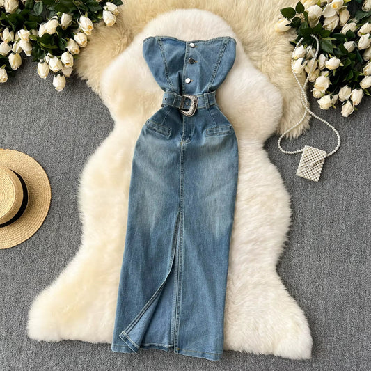 Vestido denim mujer palabra de honor con cinturón estilo western – Dakota