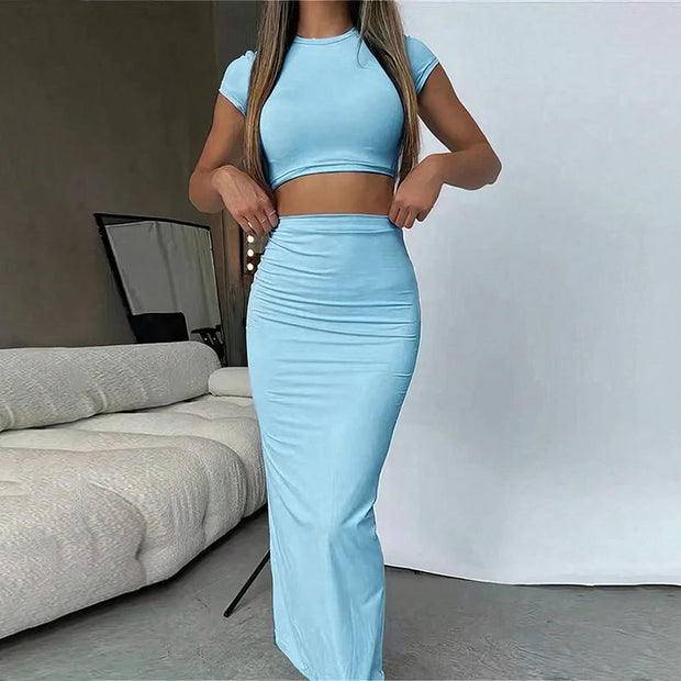 Conjunto mujer dos piezas top corto y falda larga azul claro - Celeste