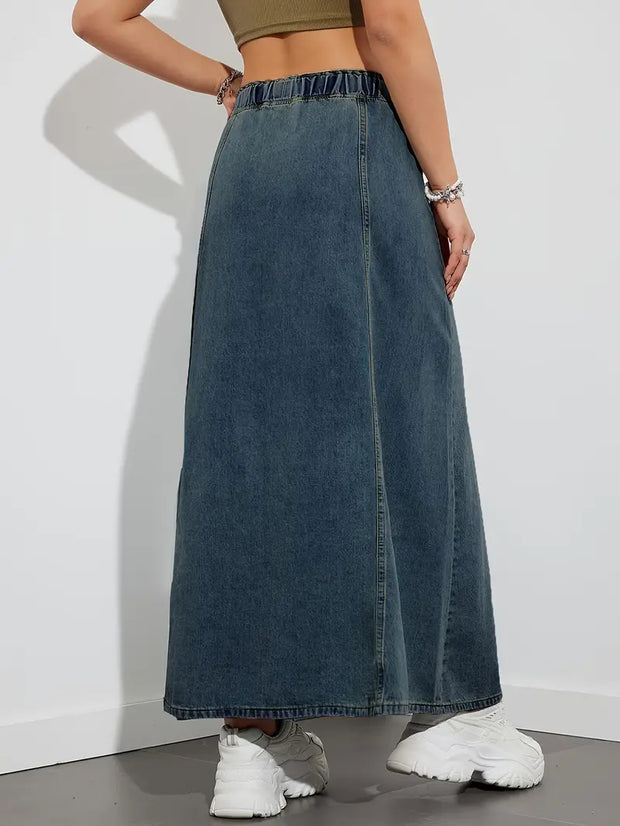 Falda vaquera larga con cordón ajustable, cómoda y versátil perfecta para un look casual y trendy