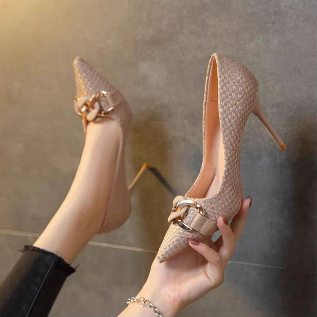 Zapatos de tacón para mujer de textura tejida adorno metálico elegante - Mireille