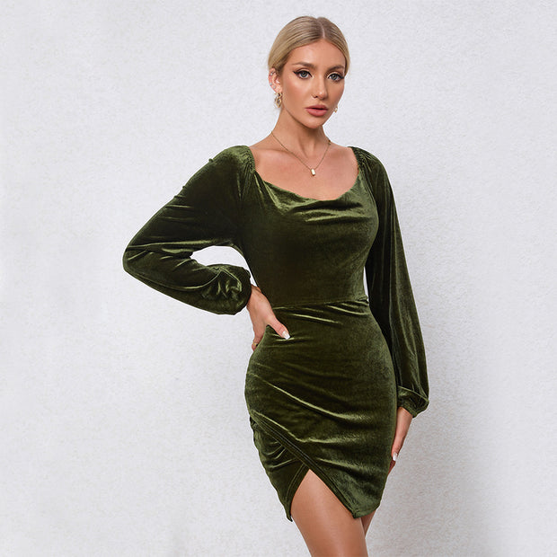 Vestido color verde en efecto terciopelo - Nauwe