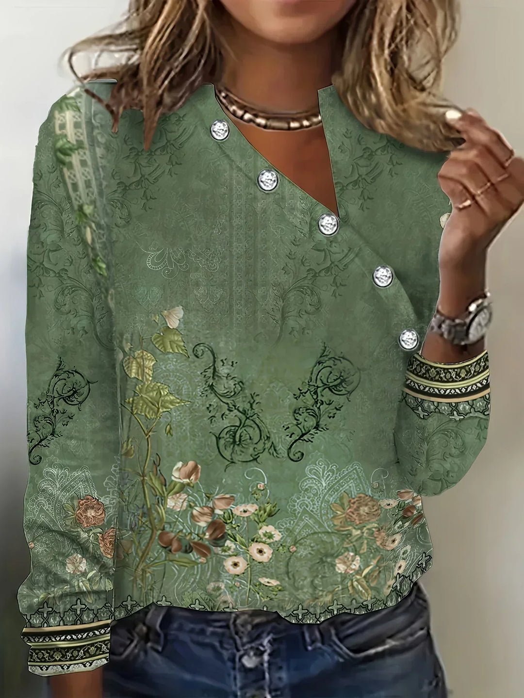 Xenia - Camiseta con estampado floral y escote asimétrico