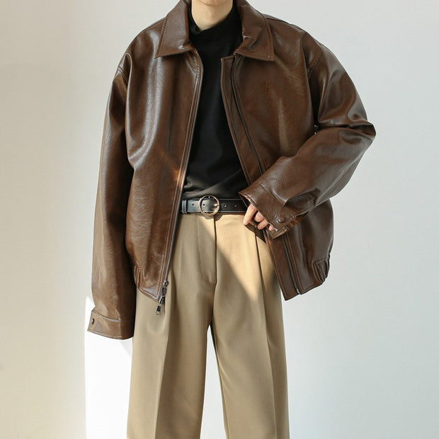 Chaqueta corta de cuero con cremallera para hombre - Emar