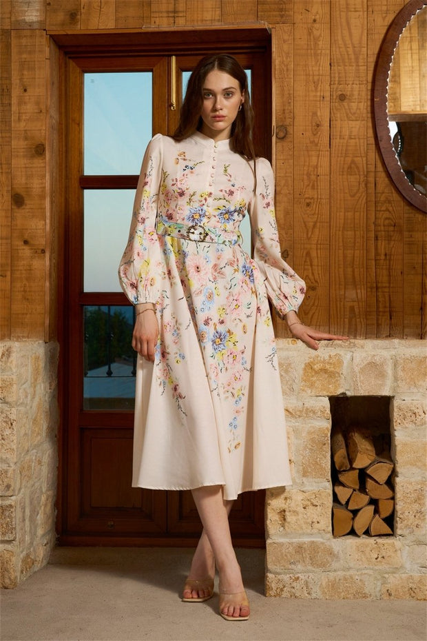 Gio - Vestido midi con cinturón y estampado floral