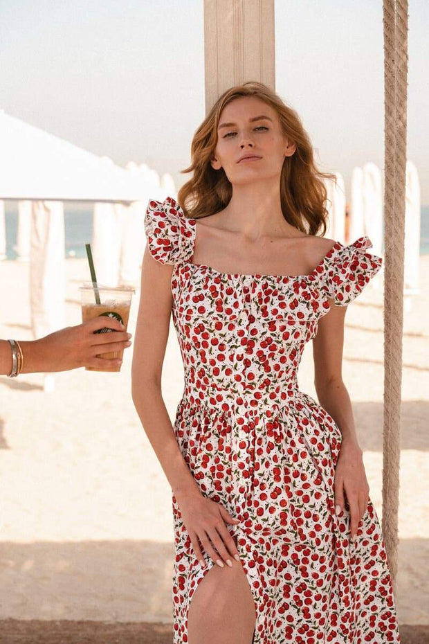 Griselda - Vestido Midi con Estampado de Cerezas y Volantes