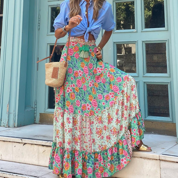 Falda larga de mujer con estampado paisley multicolor y corte bohemio - Clémence