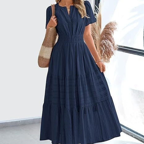 Vestido midi para mujer plisado manga corta estilo bohemio - Lorena