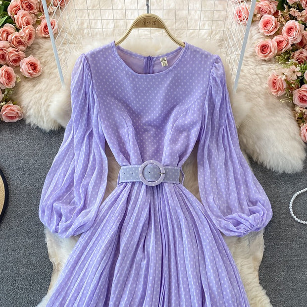 Vestido largo para mujer lunares cinturón estilo elegante - Colette