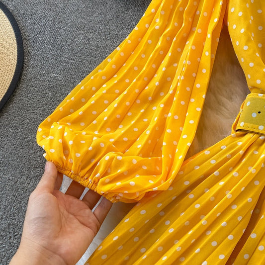 Vestido largo para mujer lunares cinturón estilo elegante - Colette