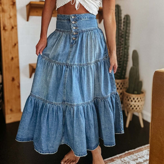 Falda para mujer denim largo midi con vuelo y cintura alta - Nuri
