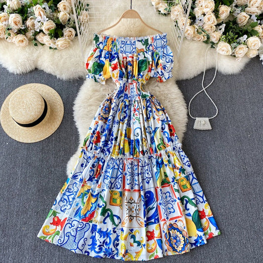 Vestido largo para mujer hombros descubiertos con mangas abullonadas estilo bohemio - Marisol