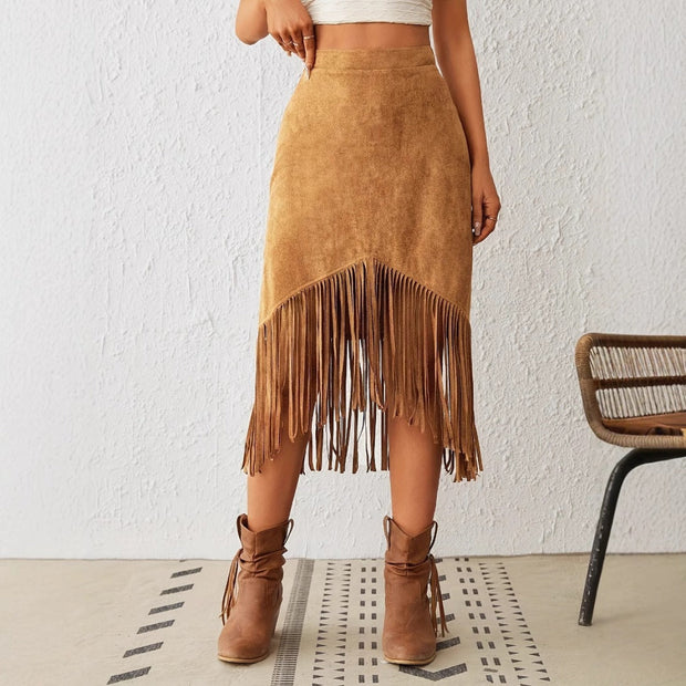 Falda midi para mujer antelina con flecos estilo bohemio - Samira