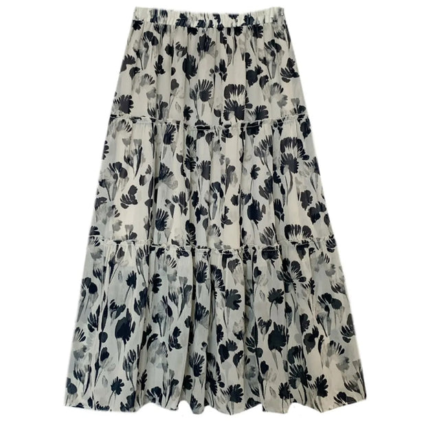 Falda larga de mujer con estampado floral monocromático y corte fluido - Mireille