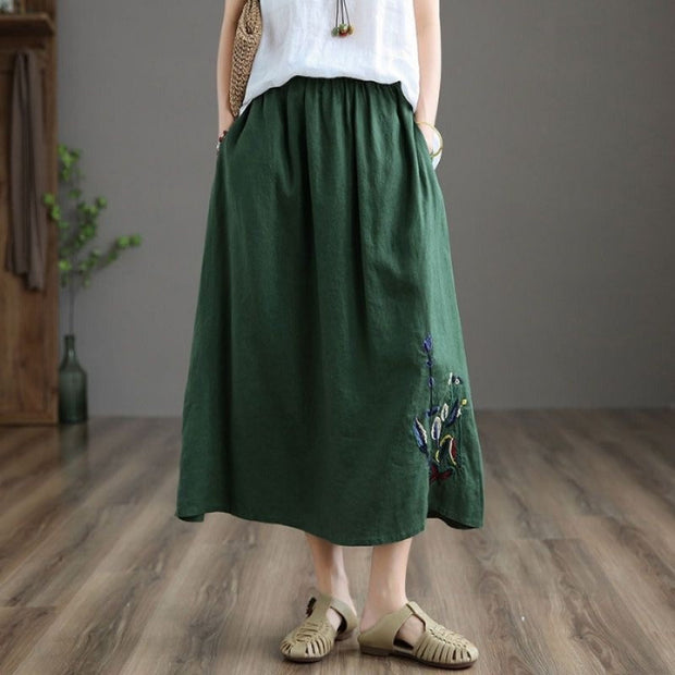 Falda midi mujer con cintura elástica y bordado floral artesanal - Amandine