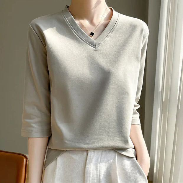 Camiseta para mujer de cuello en V manga francesa algodón suave - Élodie