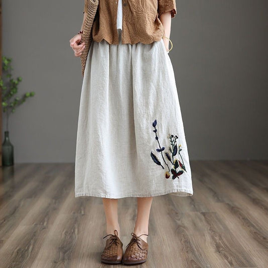 Falda midi mujer con cintura elástica y bordado floral artesanal - Amandine