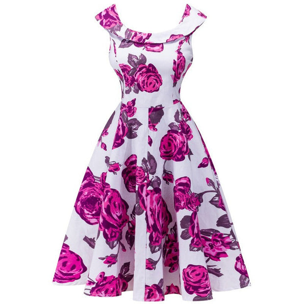 Vestido midi para mujer floral escote barco estilo acampanado - Brigitte