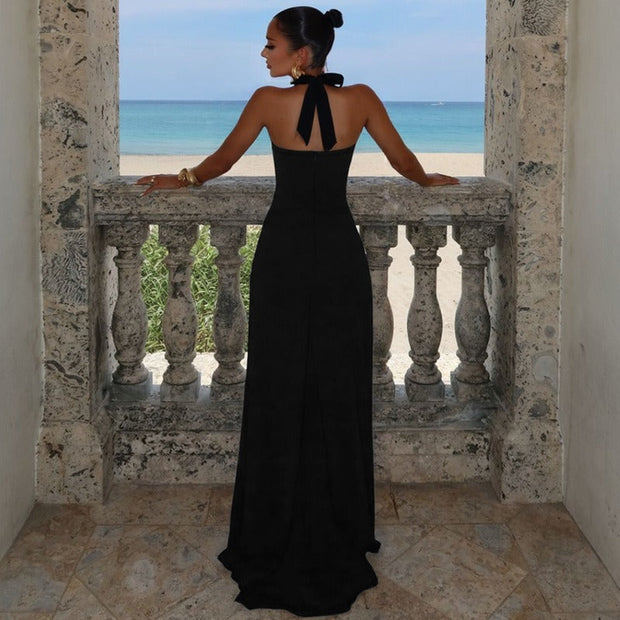 Vestido mujer largo escote corazón abertura alta elegante - Giselle