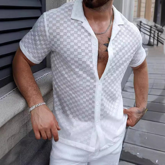 Camisa hombre manga corta semitransparente con patrón cuadros - Giulio