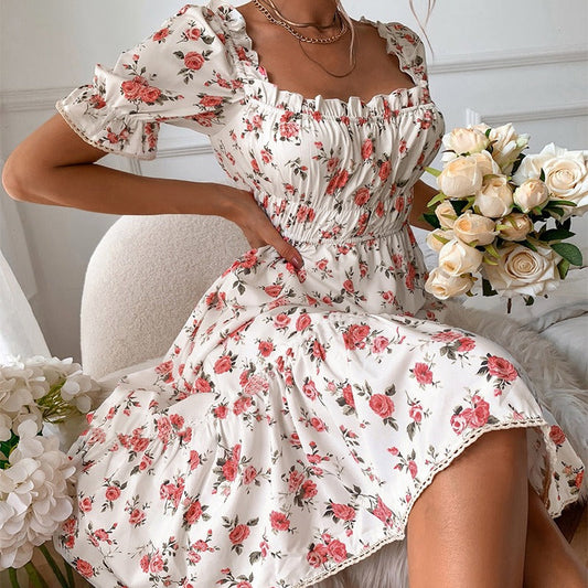 Vestido midi para mujer floral con mangas abullonadas estilo vintage - Julieta
