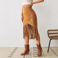 Falda midi para mujer antelina con flecos estilo bohemio - Samira