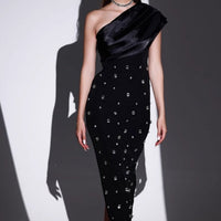 Vestido largo para mujer con pedrería escote asimétrico estilo elegante - Vianey