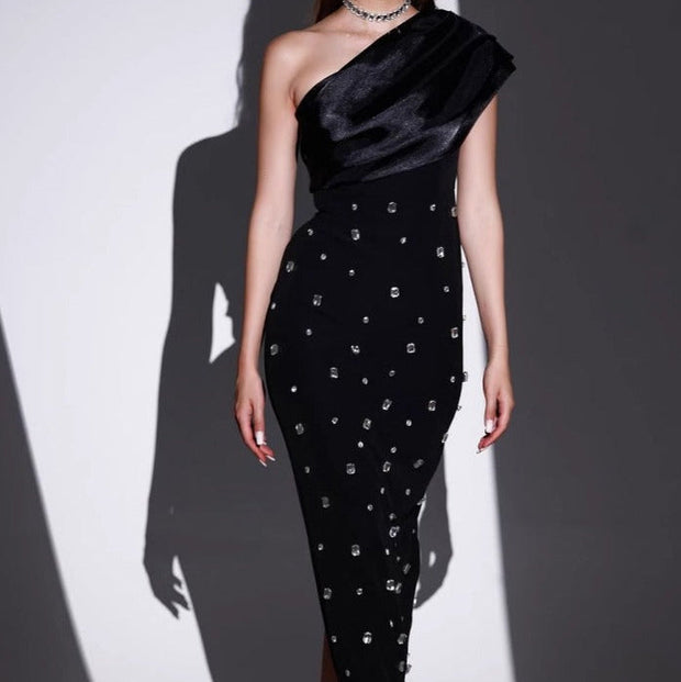 Vestido largo para mujer con pedrería escote asimétrico estilo elegante - Vianey