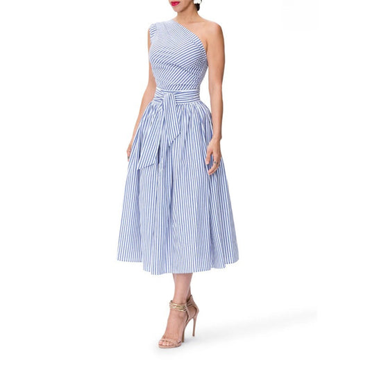 Vestido midi para mujer de rayas finas escote asimétrico - Berenice