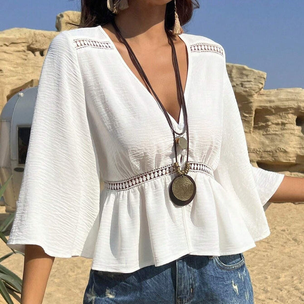 Blusa para mujer de algodón escote en pico estilo bohemio - Alicia