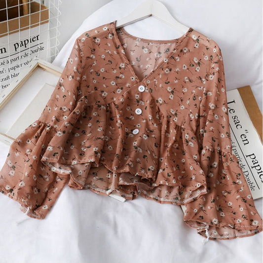 Blusa para mujer de chifón floral con volantes corte fluido - Isadora